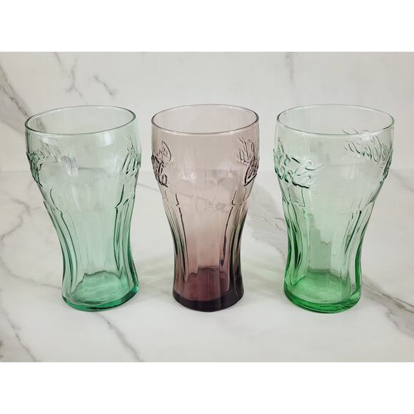 Coca Cola Libbey Drinking Glasses 17oz Embossed 6" Retro Glass Green Brown x3 - Picture 5 of 12